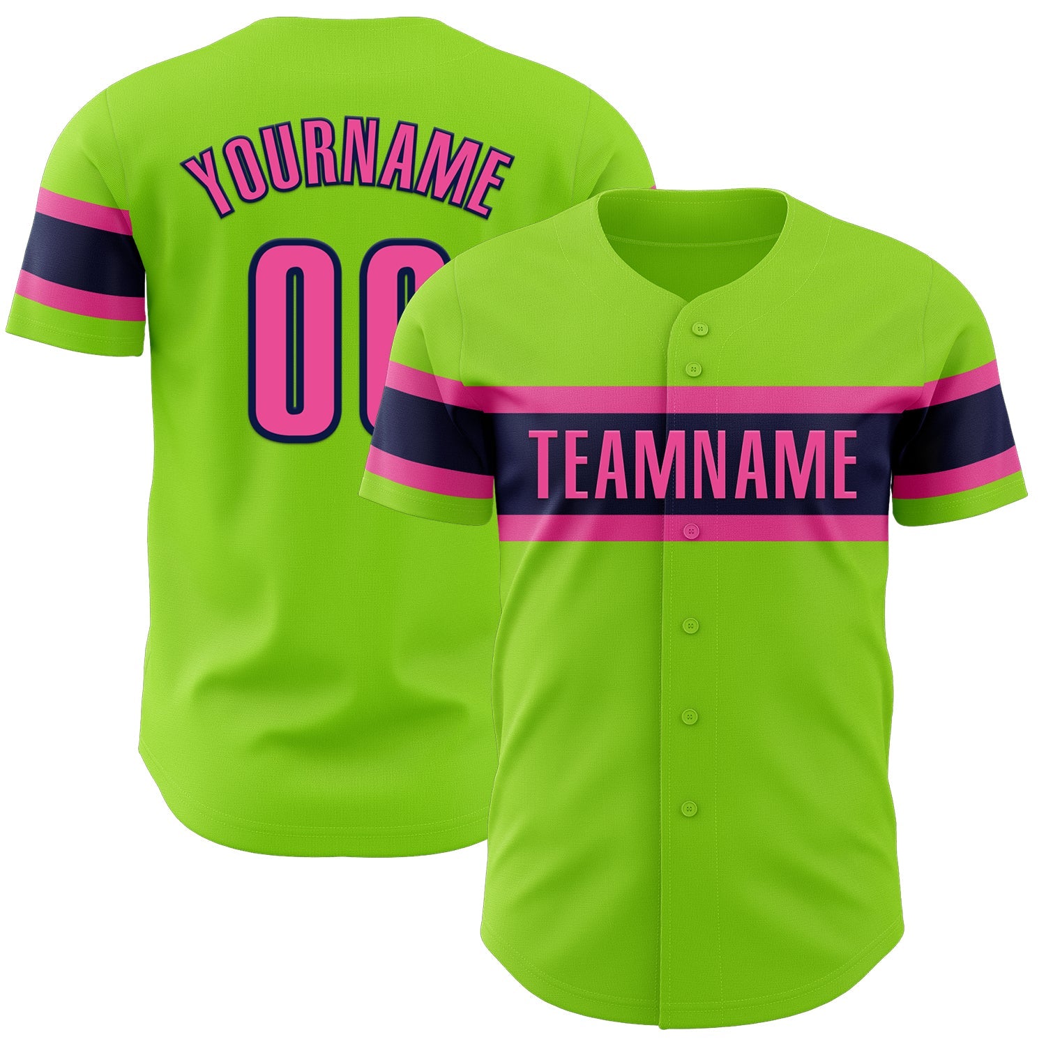 Custom Neon Green Pink-Navy Authentic Baseball Jersey - Main View