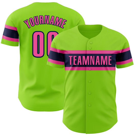 Custom Neon Green Pink-Navy Authentic Baseball Jersey - Main View