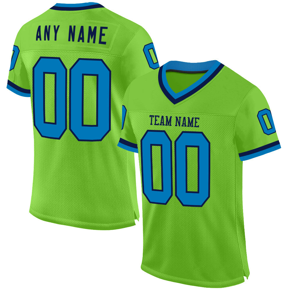 Custom Neon Green Blue-Navy Mesh Authentic Throwback Football Jersey - Main View