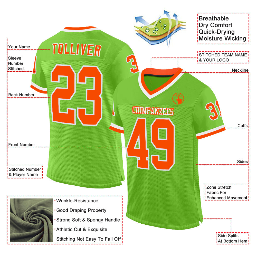 Custom Neon Green Orange-White Mesh Authentic Throwback Football Jersey view 2