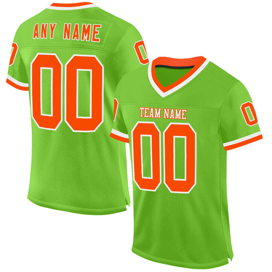Custom Neon Green Orange-White Mesh Authentic Throwback Football Jersey - Main View
