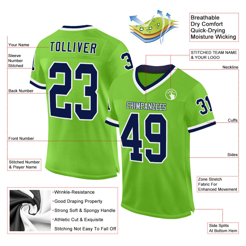 Custom Neon Green Navy-White Mesh Authentic Throwback Football Jersey view 2