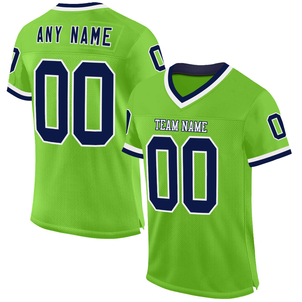 Custom Neon Green Navy-White Mesh Authentic Throwback Football Jersey - Main View