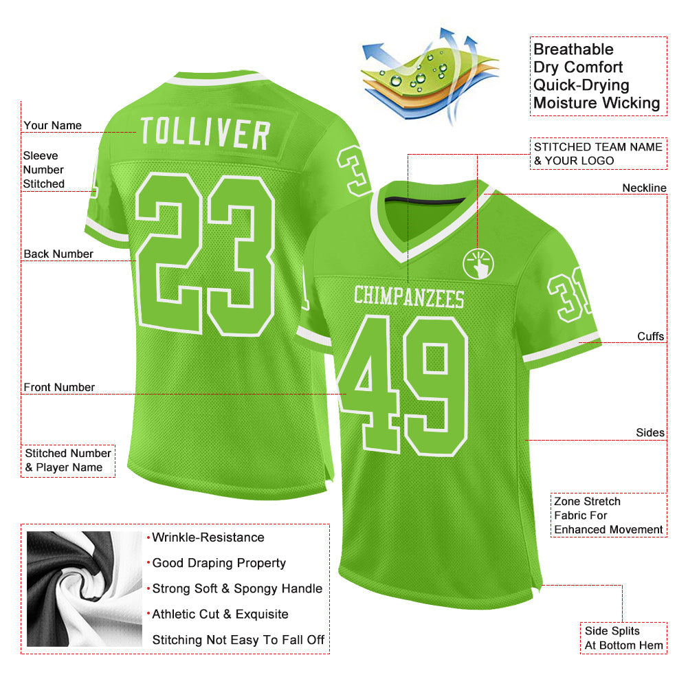 Custom Neon Green White Mesh Authentic Throwback Football Jersey view 2