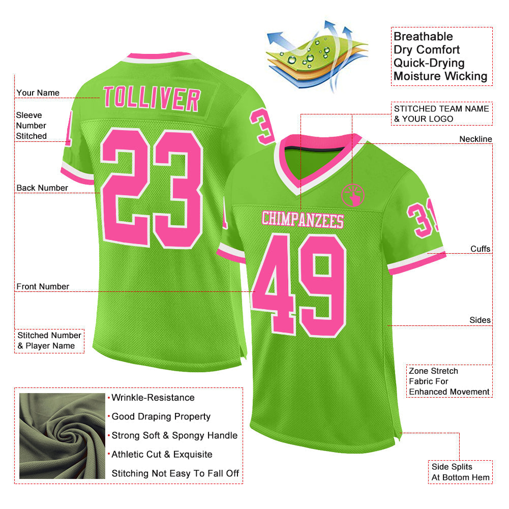 Custom Neon Green Pink-White Mesh Authentic Throwback Football Jersey view 2