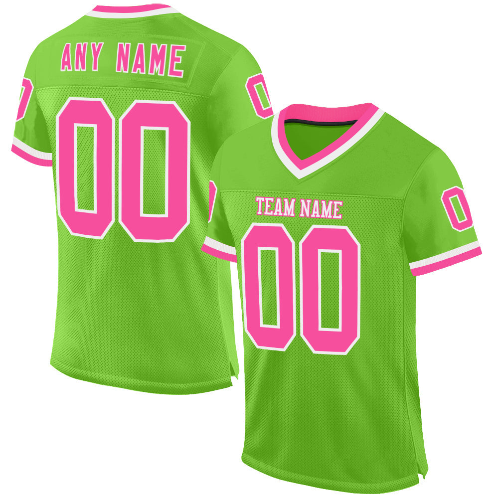 Custom Neon Green Pink-White Mesh Authentic Throwback Football Jersey - Main View