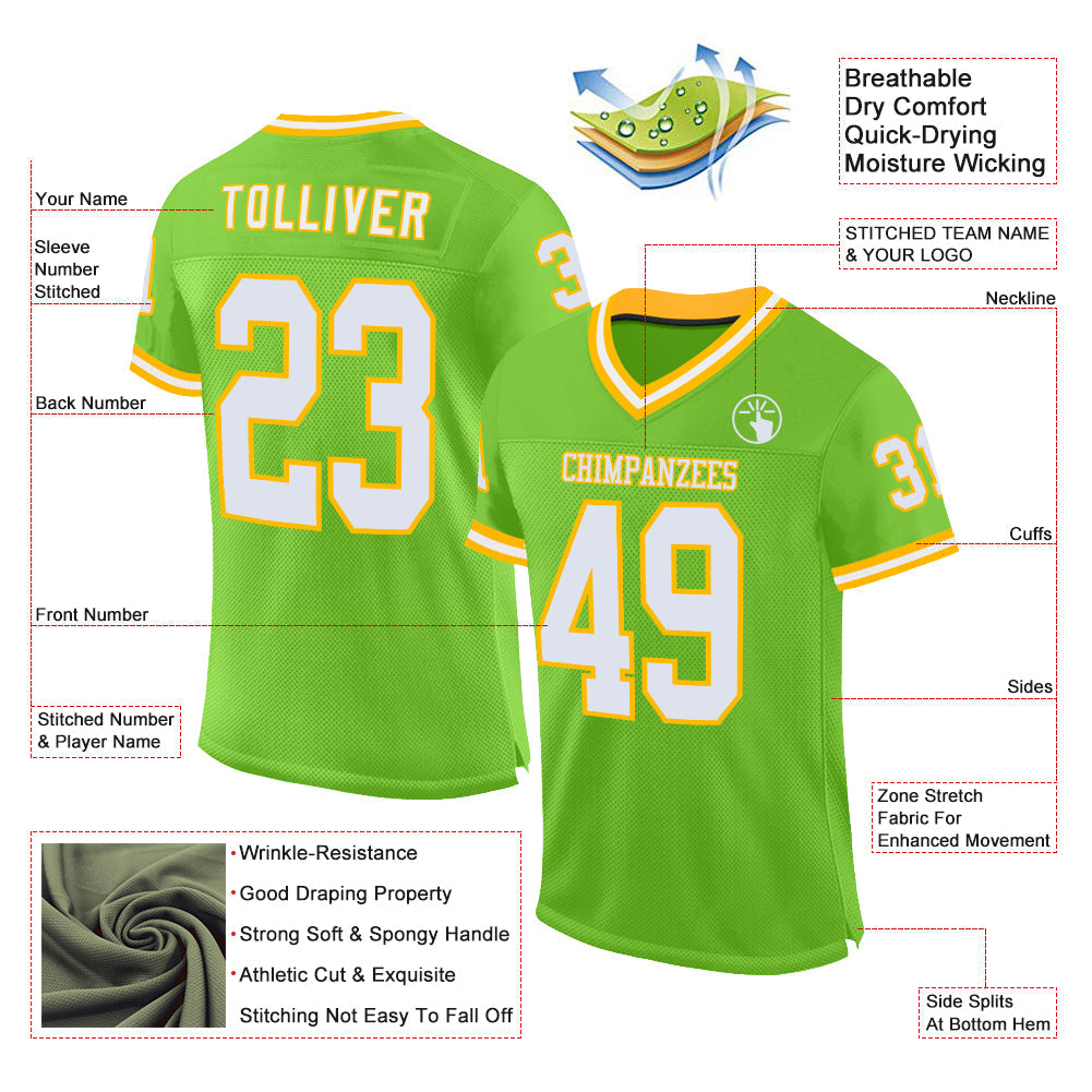 Custom Neon Green White-Gold Mesh Authentic Throwback Football Jersey view 2