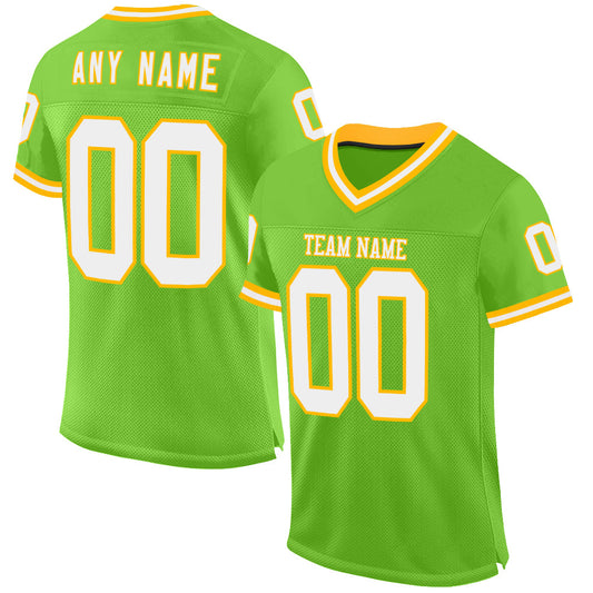 Custom Neon Green White-Gold Mesh Authentic Throwback Football Jersey - Main View