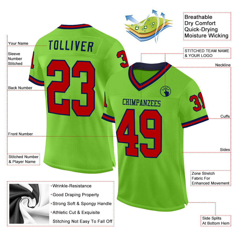 Custom Neon Green Red-Navy Mesh Authentic Throwback Football Jersey view 2