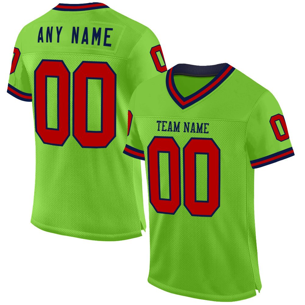 Custom Neon Green Red-Navy Mesh Authentic Throwback Football Jersey - Main View