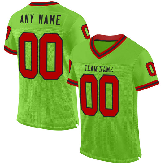 Custom Neon Green Red-Black Mesh Authentic Throwback Football Jersey - Main View