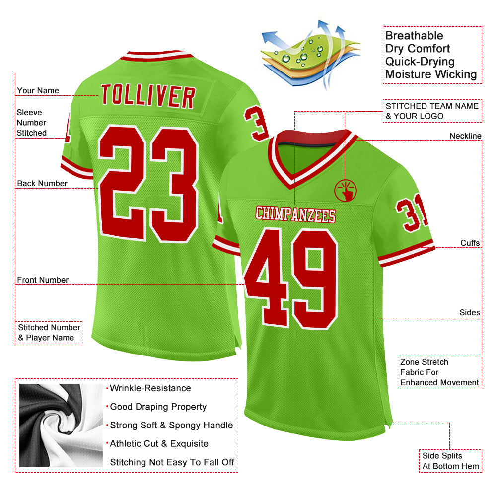 Custom Neon Green Red-White Mesh Authentic Throwback Football Jersey view 2