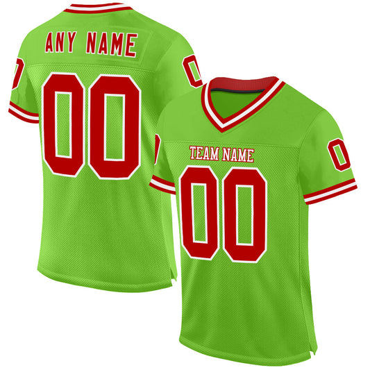 Custom Neon Green Red-White Mesh Authentic Throwback Football Jersey - Main View