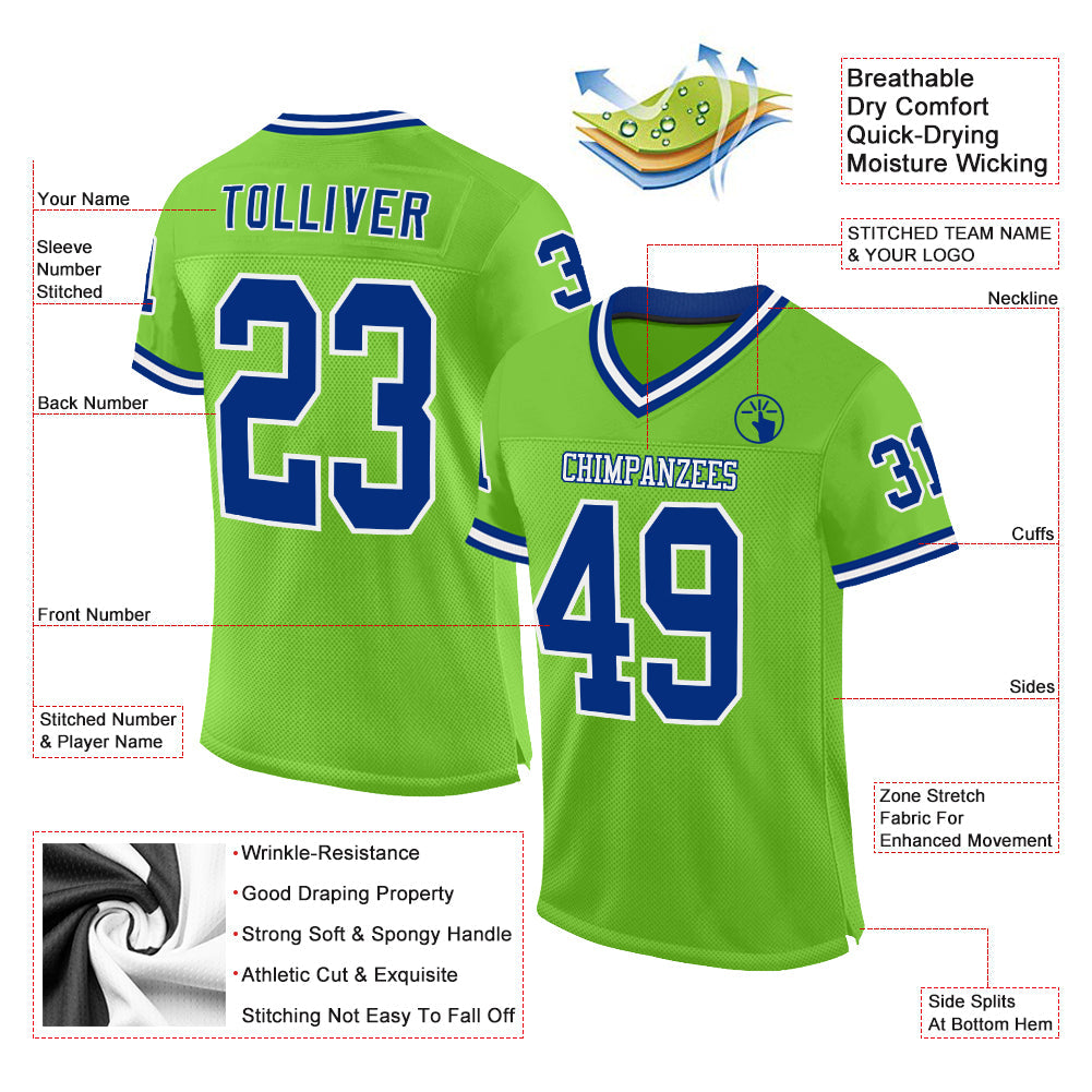 Custom Neon Green Royal-White Mesh Authentic Throwback Football Jersey view 2
