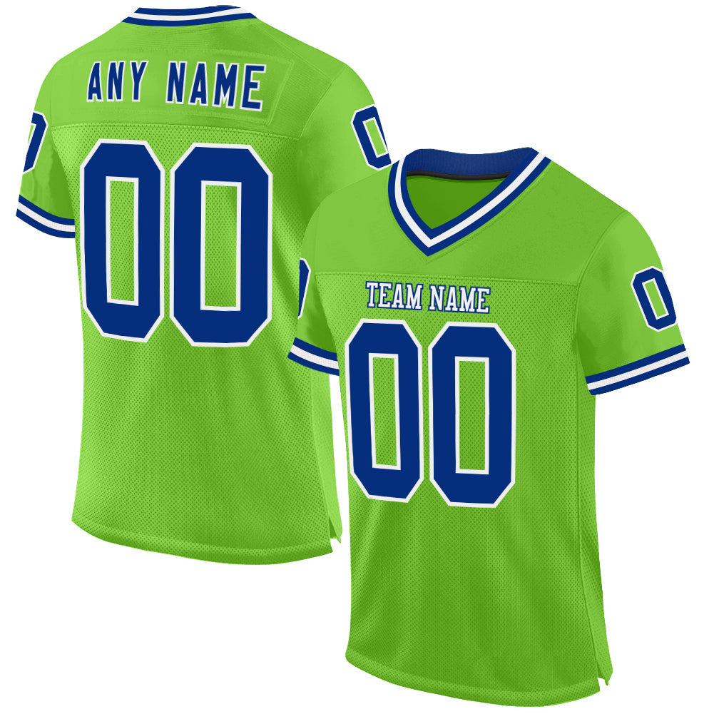 Custom Neon Green Royal-White Mesh Authentic Throwback Football Jersey - Main View
