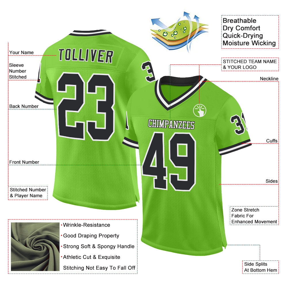 Custom Neon Green Black-White Mesh Authentic Throwback Football Jersey view 2