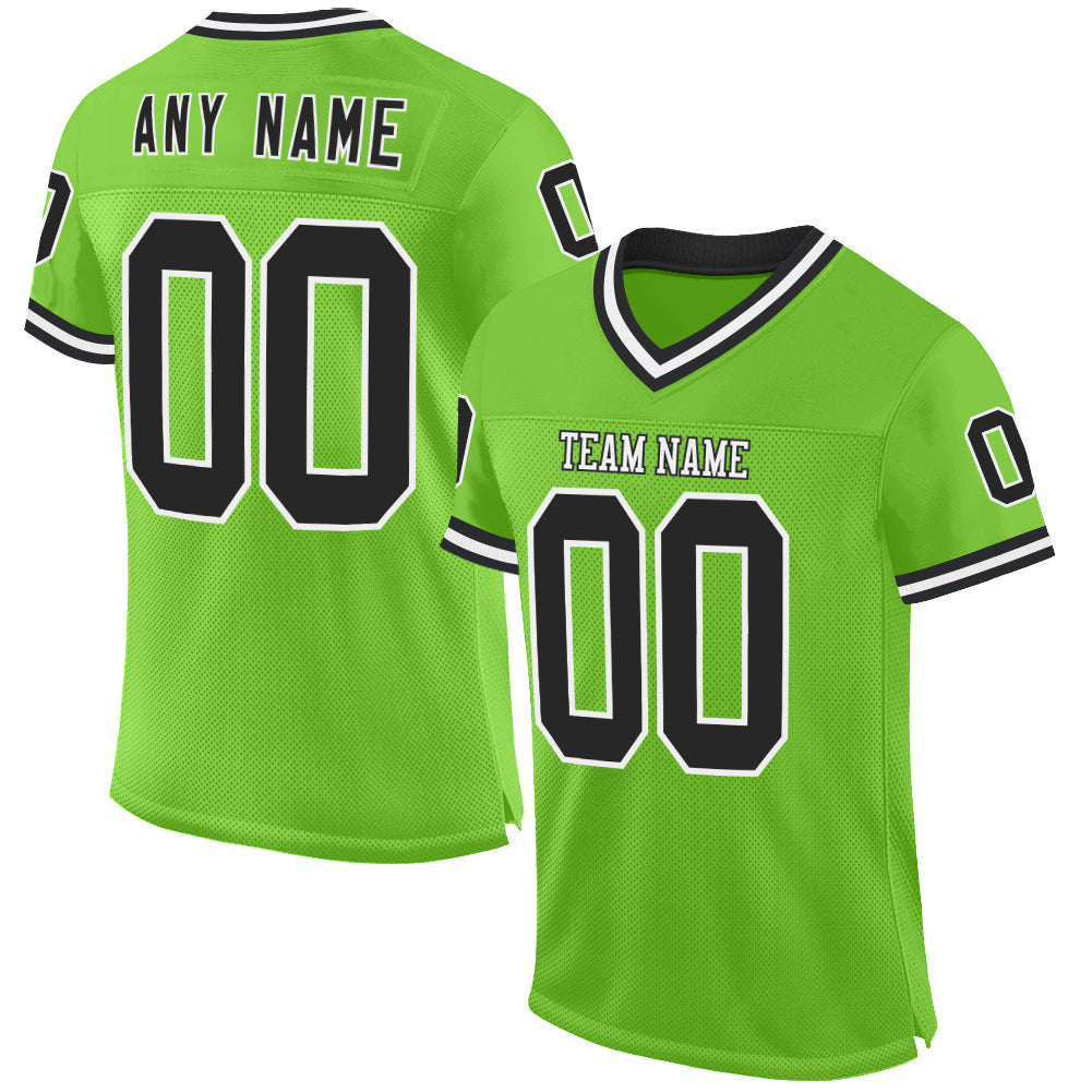 Custom Neon Green Black-White Mesh Authentic Throwback Football Jersey - Main View