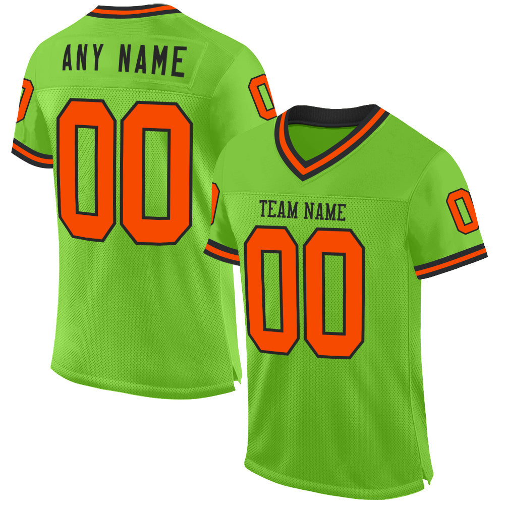 Custom Neon Green Orange-Black Mesh Authentic Throwback Football Jersey - Main View