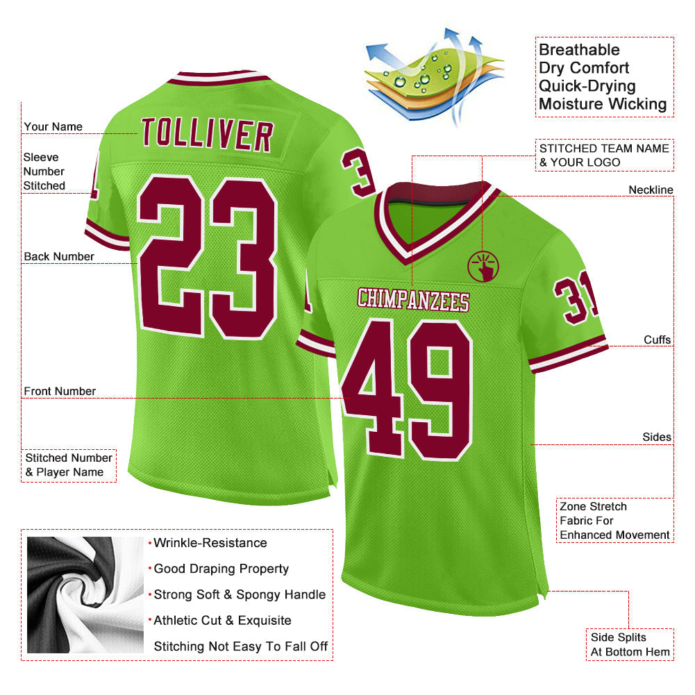 Custom Neon Green Maroon-White Mesh Authentic Throwback Football Jersey view 2