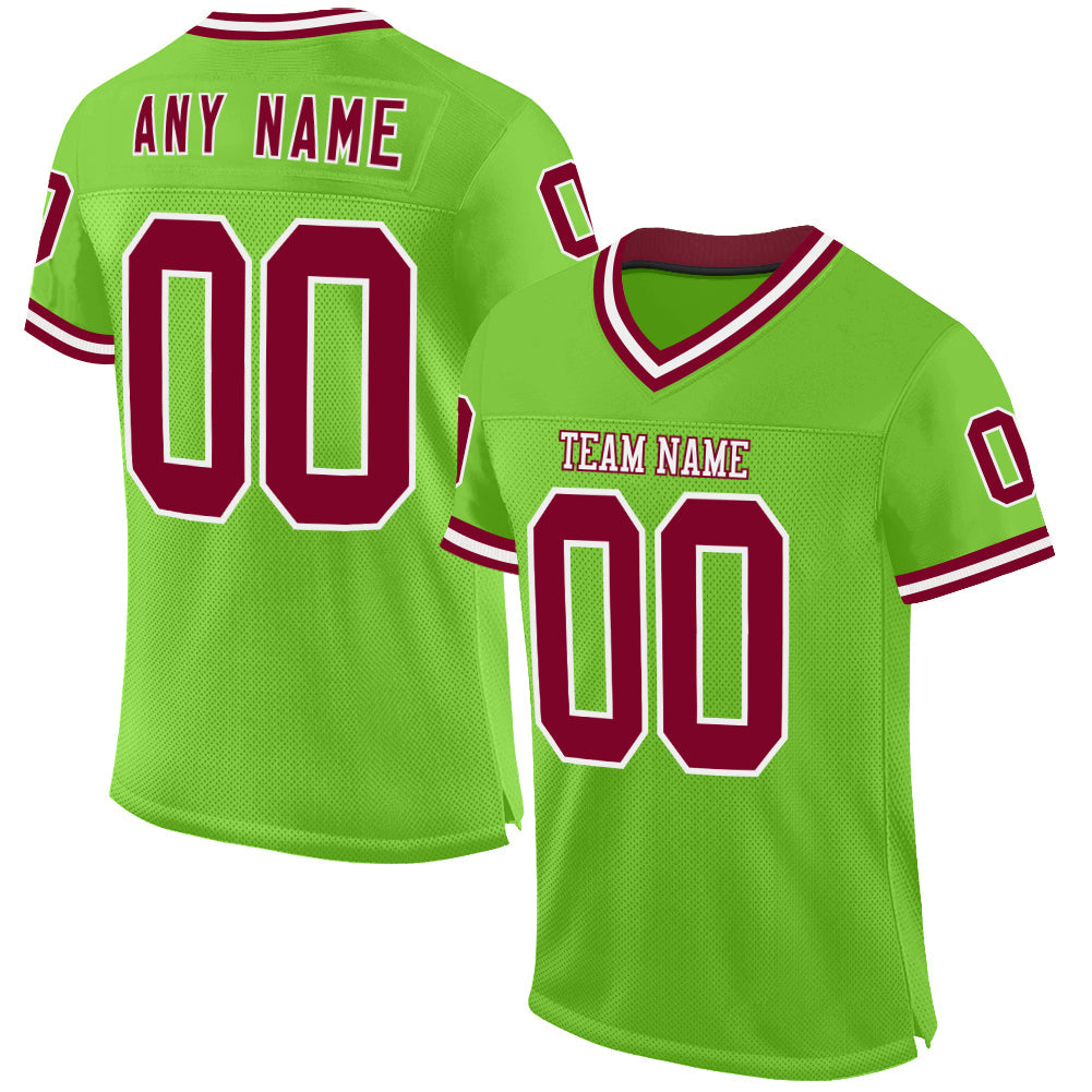 Custom Neon Green Maroon-White Mesh Authentic Throwback Football Jersey - Main View