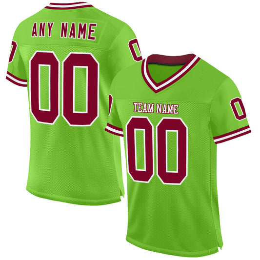 Custom Neon Green Maroon-White Mesh Authentic Throwback Football Jersey - Main View