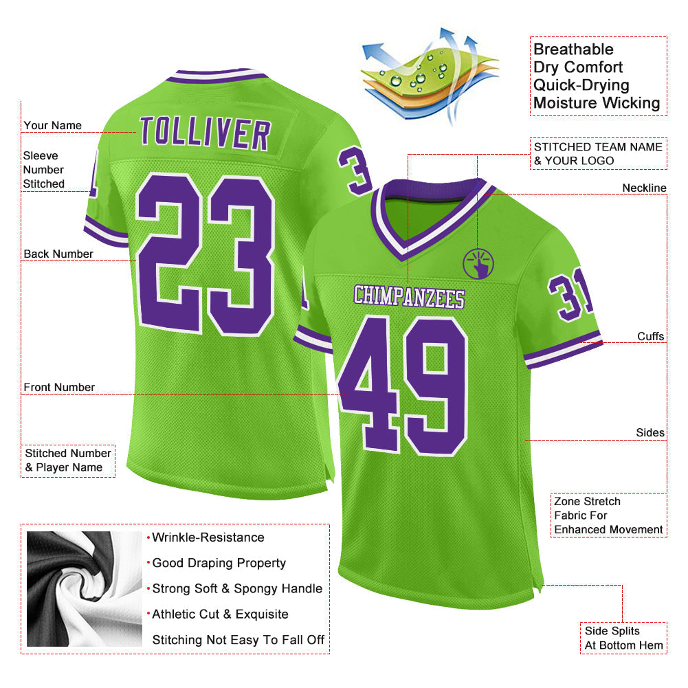 Custom Neon Green Purple-White Mesh Authentic Throwback Football Jersey view 2