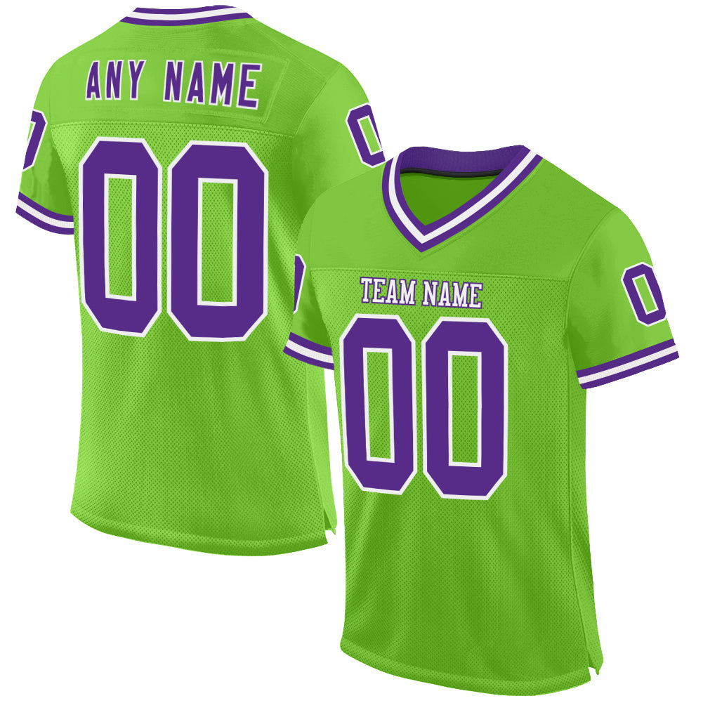Custom Neon Green Purple-White Mesh Authentic Throwback Football Jersey - Main View