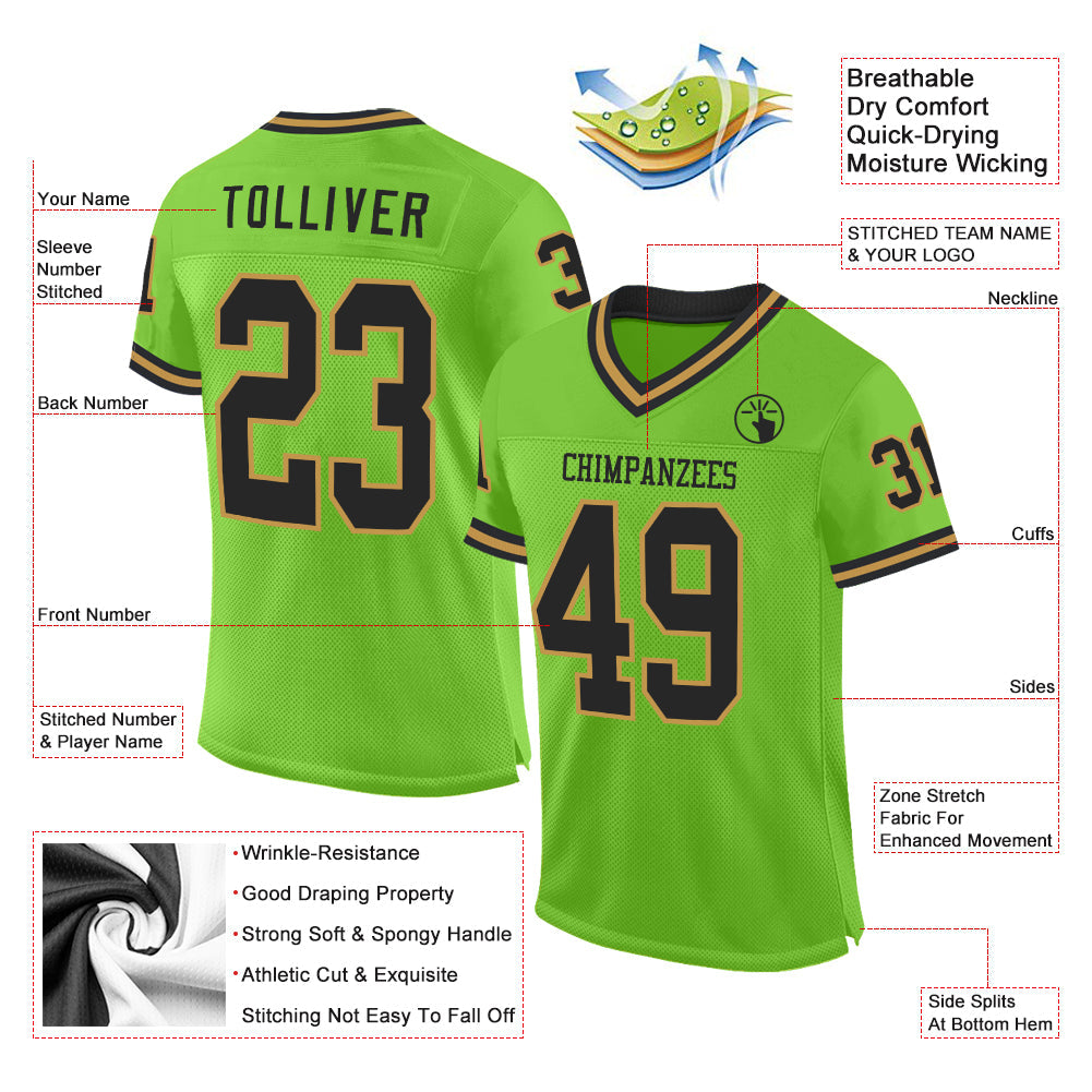 Custom Neon Green Black-Old Gold Mesh Authentic Throwback Football Jersey view 2
