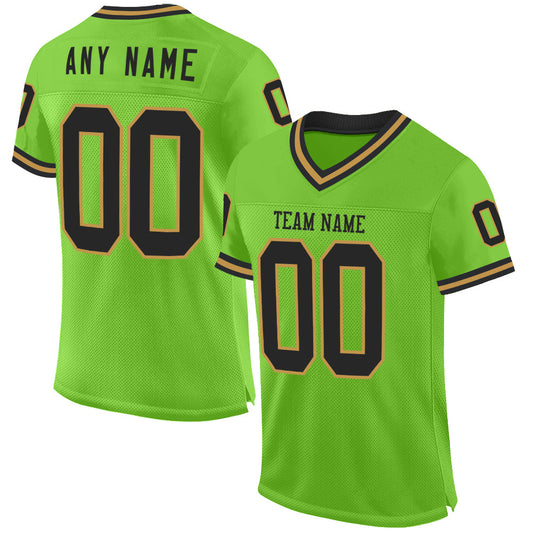 Custom Neon Green Black-Old Gold Mesh Authentic Throwback Football Jersey - Main View