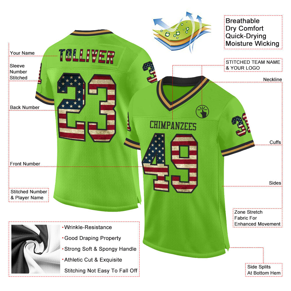 Custom Neon Green Vintage USA Flag Black-Old Gold Mesh Authentic Throwback Football Jersey view 2