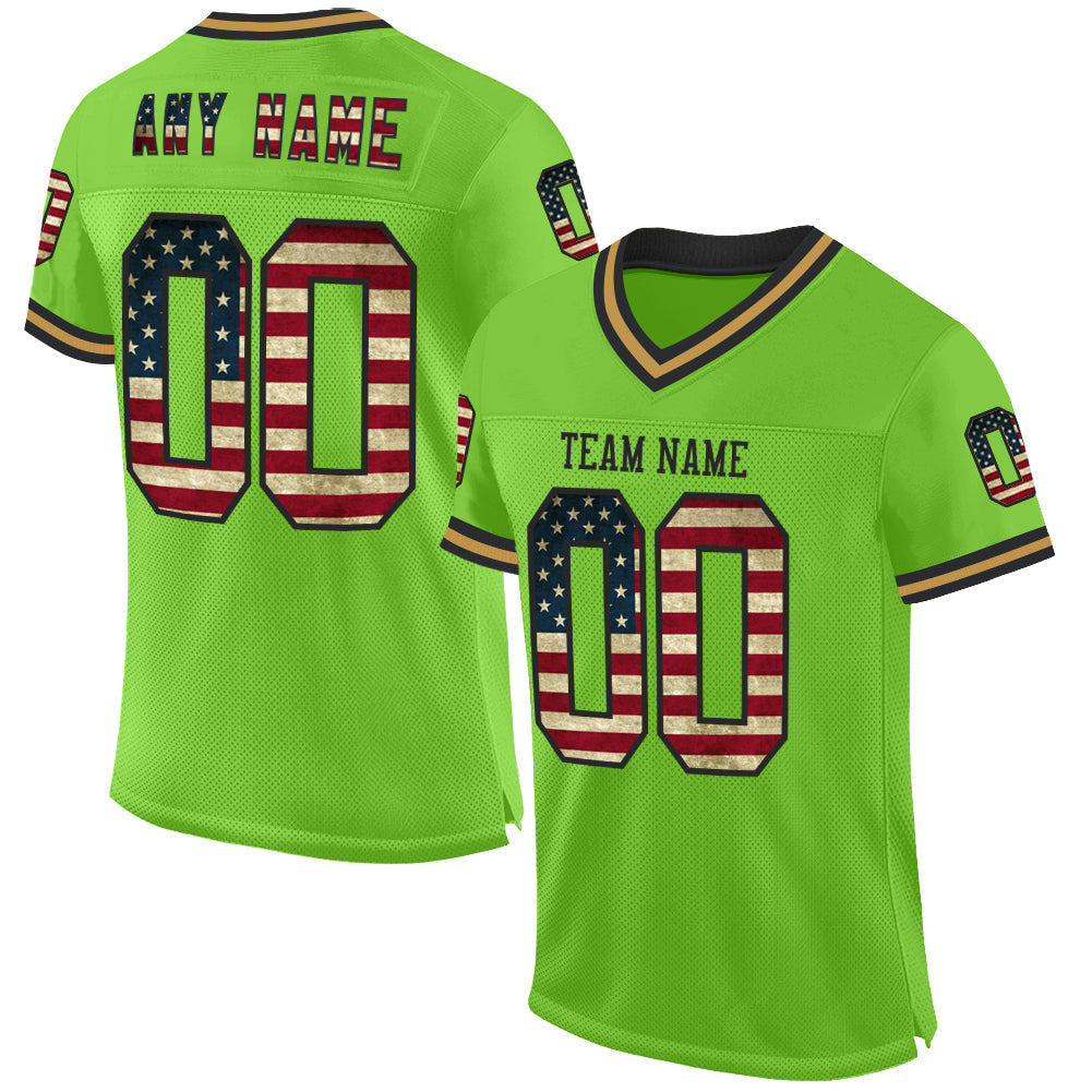 Custom Neon Green Vintage USA Flag Black-Old Gold Mesh Authentic Throwback Football Jersey - Main View