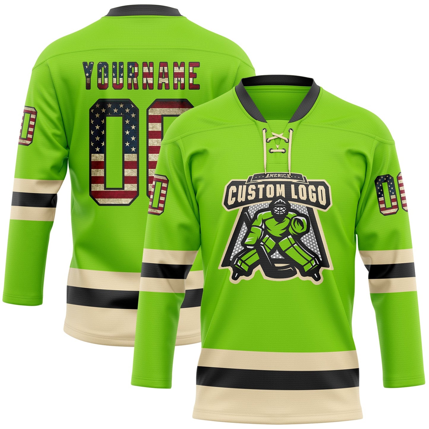 Custom Neon Green Vintage USA Flag Black-Cream Hockey Lace Neck Jersey view 2