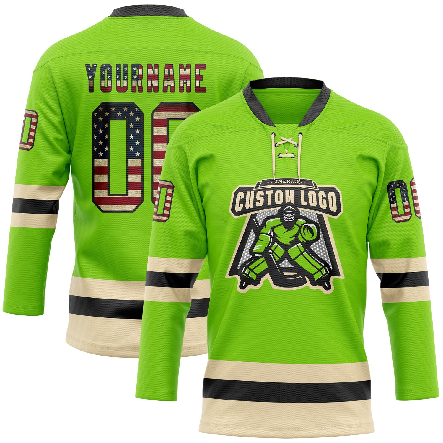 Custom Neon Green Vintage USA Flag Black-Cream Hockey Lace Neck Jersey view 2