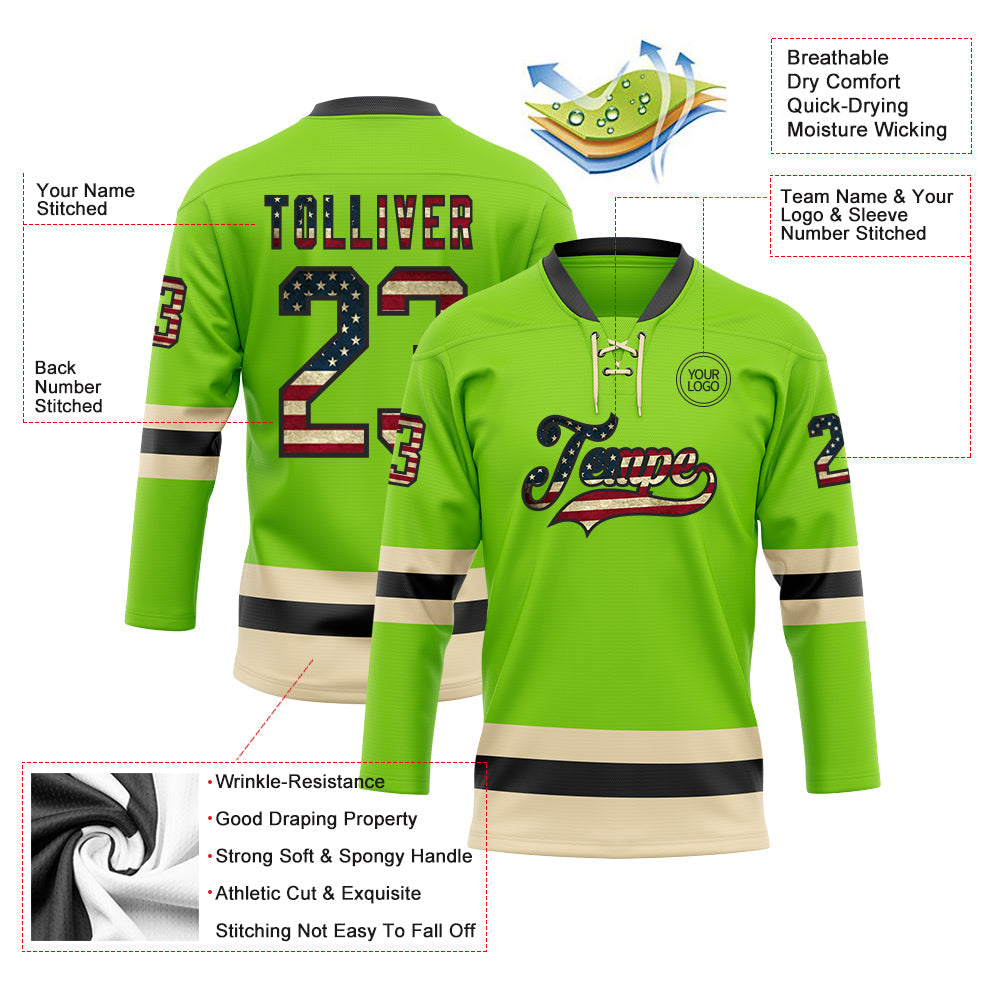 Custom Neon Green Vintage USA Flag Black-Cream Hockey Lace Neck Jersey view 3