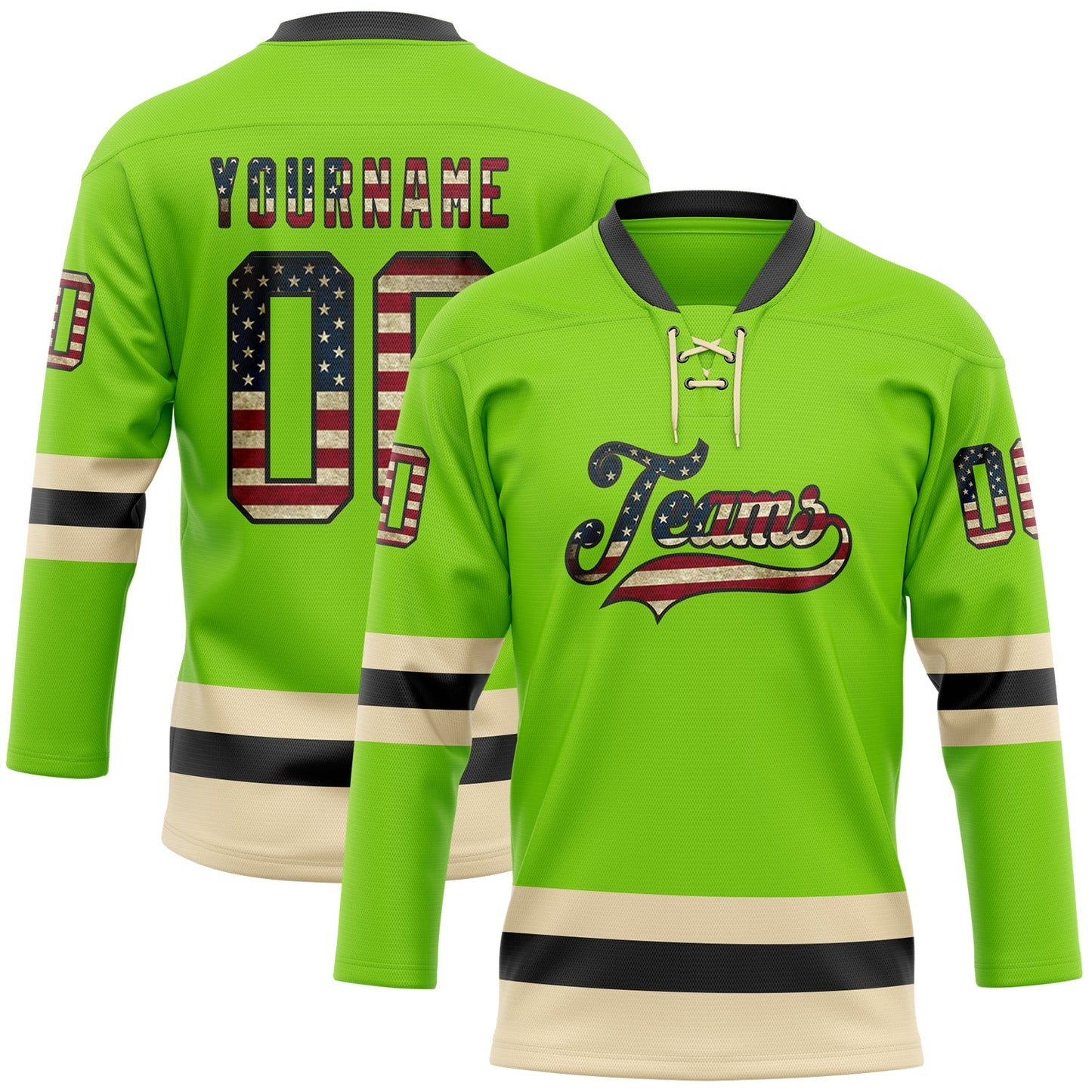 Custom Neon Green Vintage USA Flag Black-Cream Hockey Lace Neck Jersey - Main View