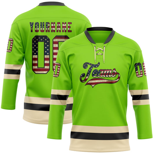 Custom Neon Green Vintage USA Flag Black-Cream Hockey Lace Neck Jersey - Main View
