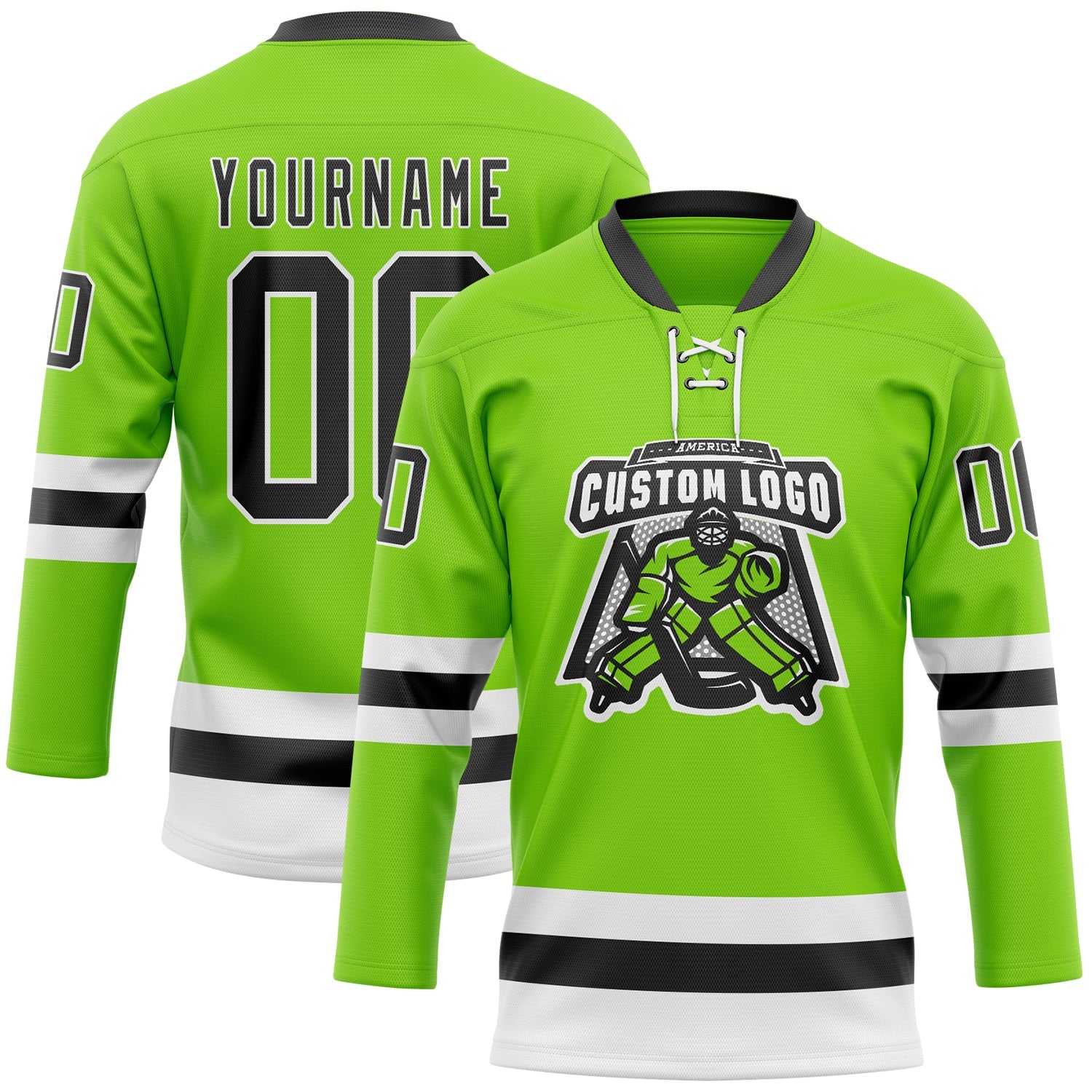 Custom Neon Green Black-White Hockey Lace Neck Jersey view 2