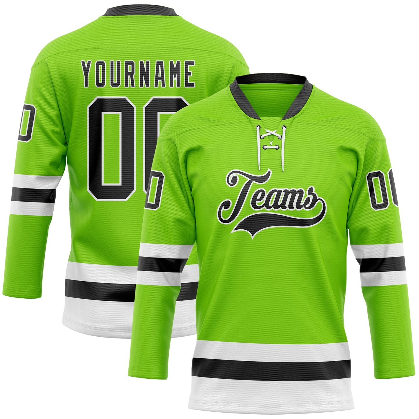 Custom Neon Green Black-White Hockey Lace Neck Jersey - Main View