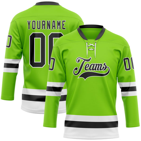 Custom Neon Green Black-White Hockey Lace Neck Jersey - Main View