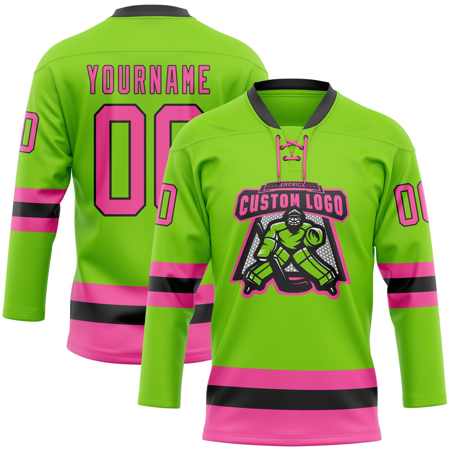 Custom Neon Green Pink-Black Hockey Lace Neck Jersey view 2