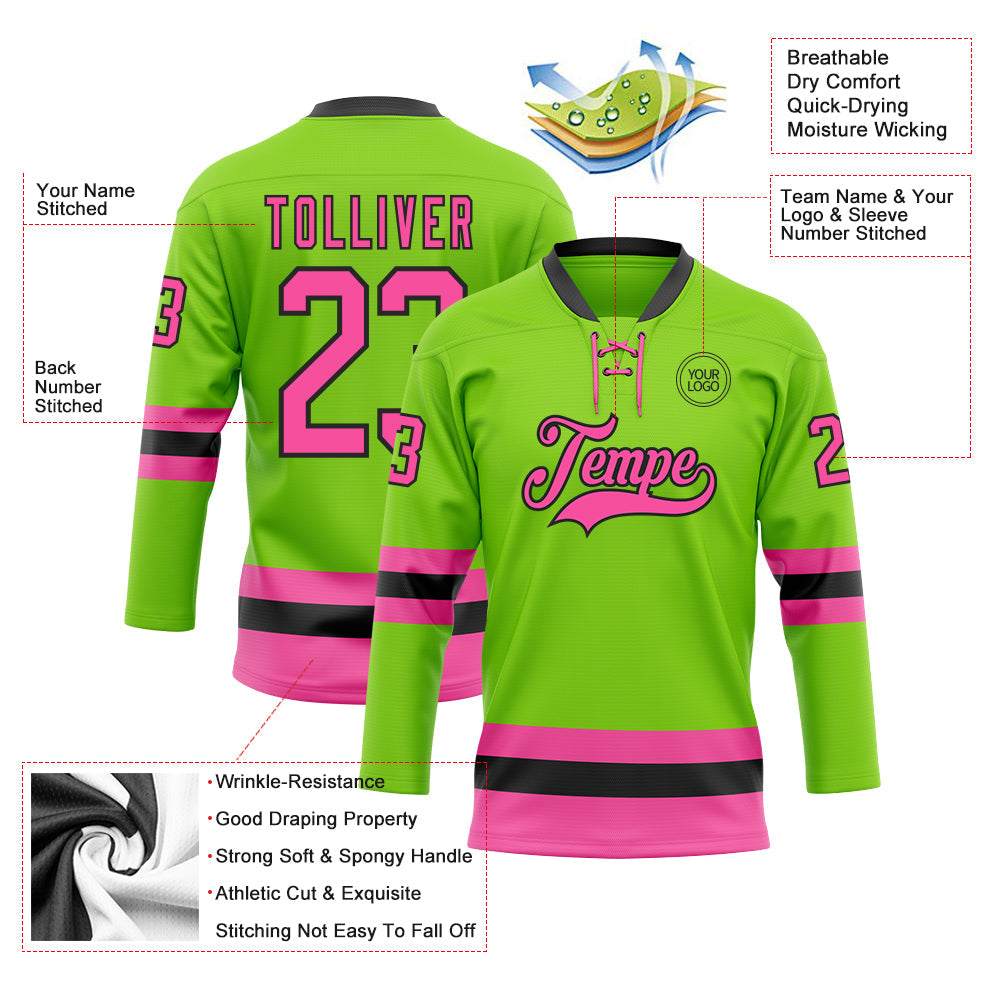 Custom Neon Green Pink-Black Hockey Lace Neck Jersey view 3