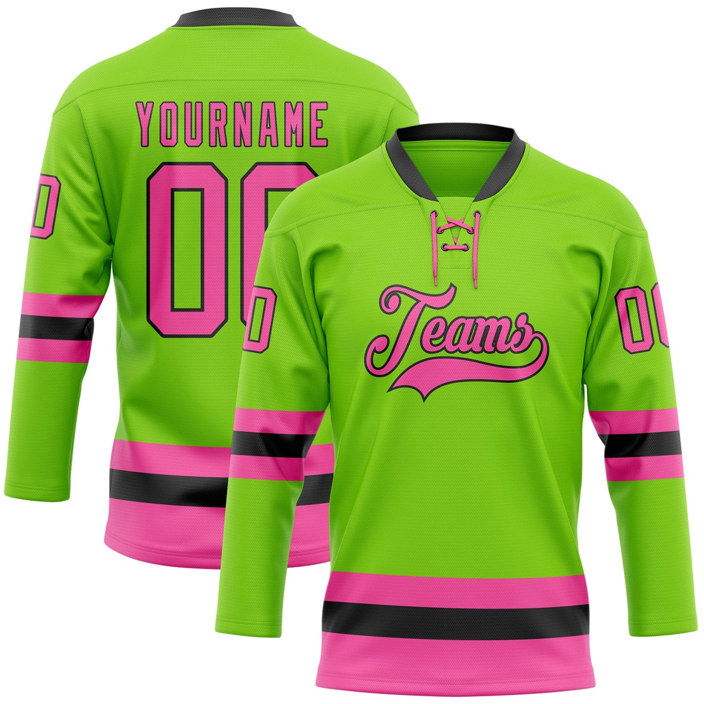Custom Neon Green Pink-Black Hockey Lace Neck Jersey - Main View