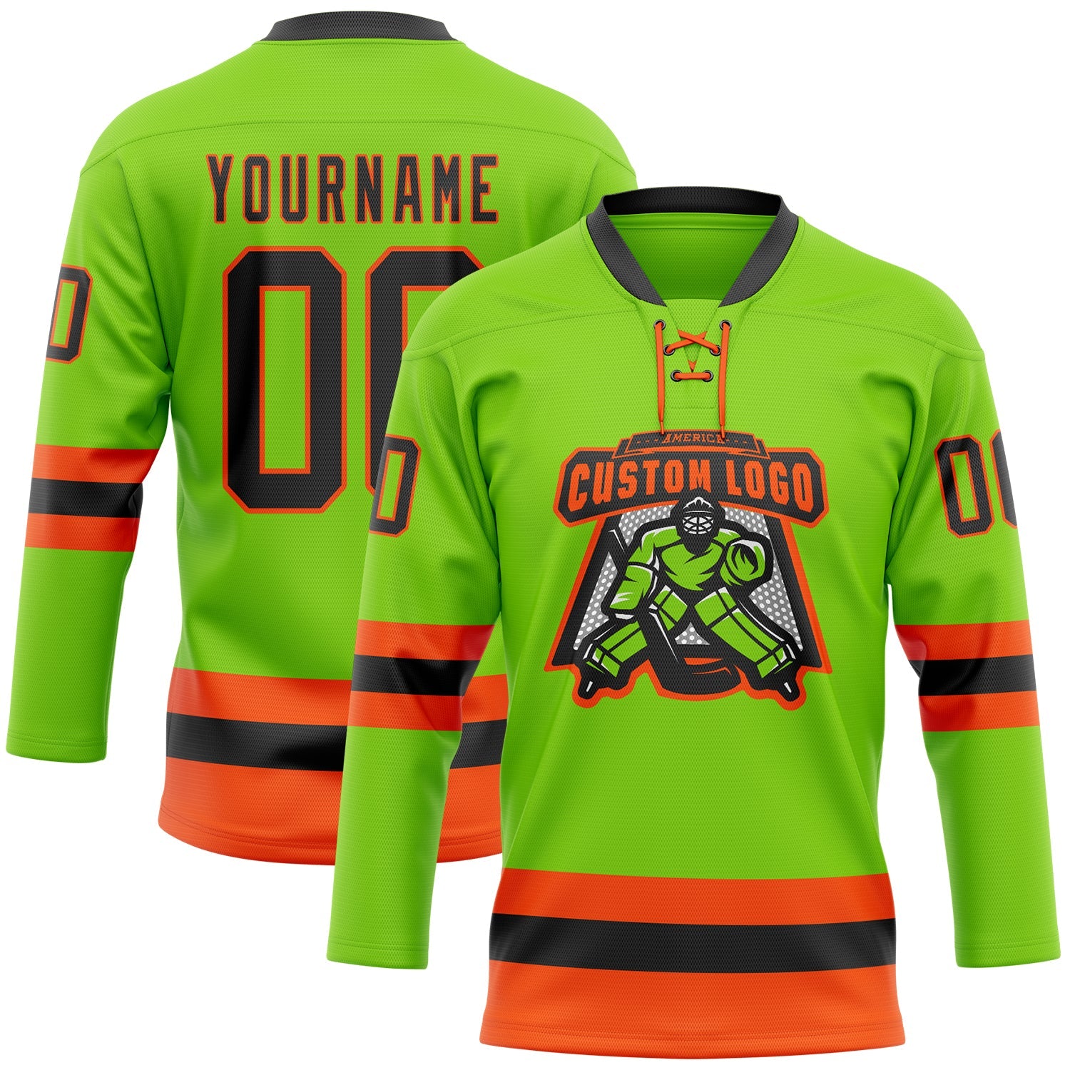 Custom Neon Green Black-Orange Hockey Lace Neck Jersey view 2