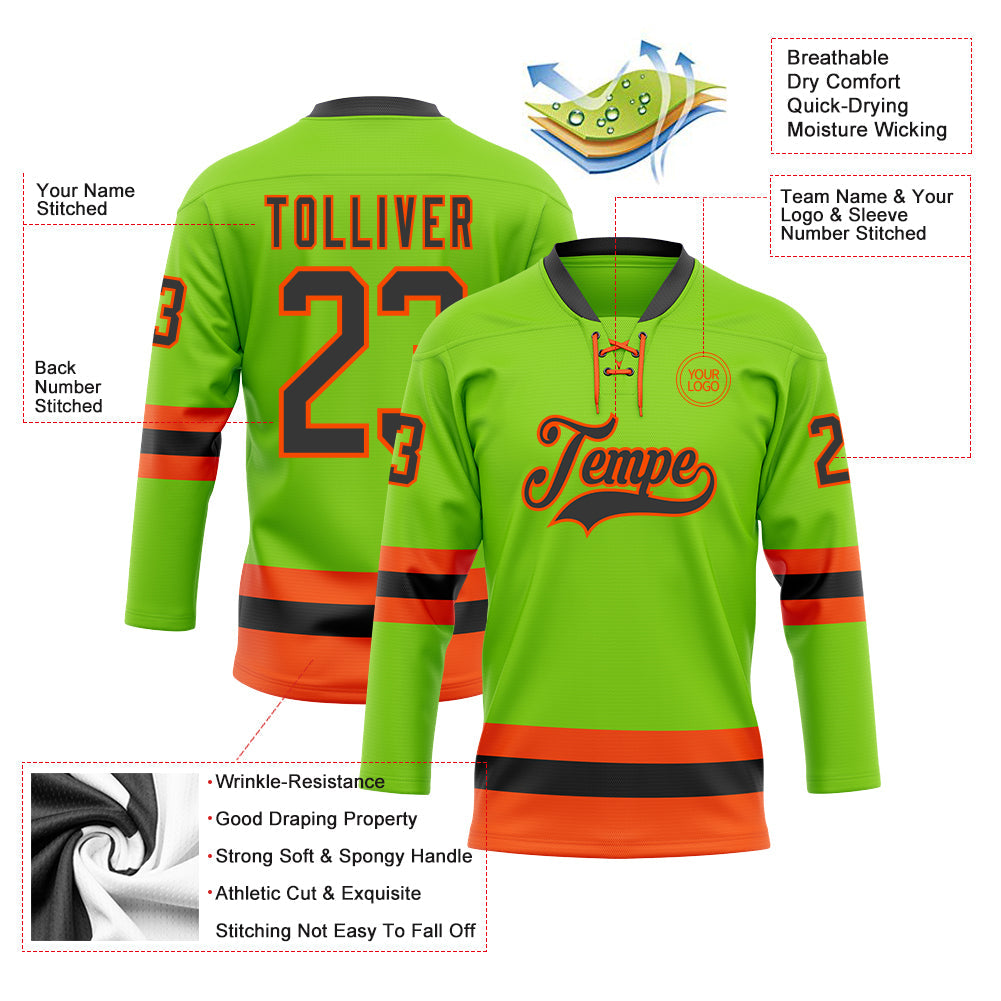 Custom Neon Green Black-Orange Hockey Lace Neck Jersey view 3