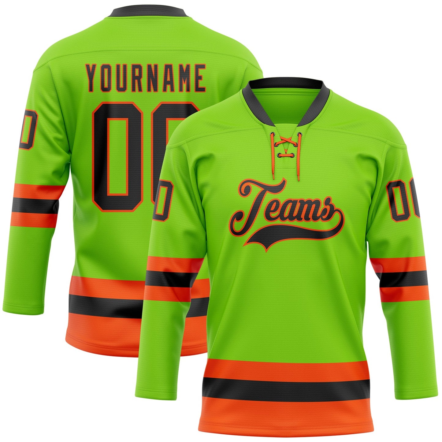 Custom Neon Green Black-Orange Hockey Lace Neck Jersey - Main View