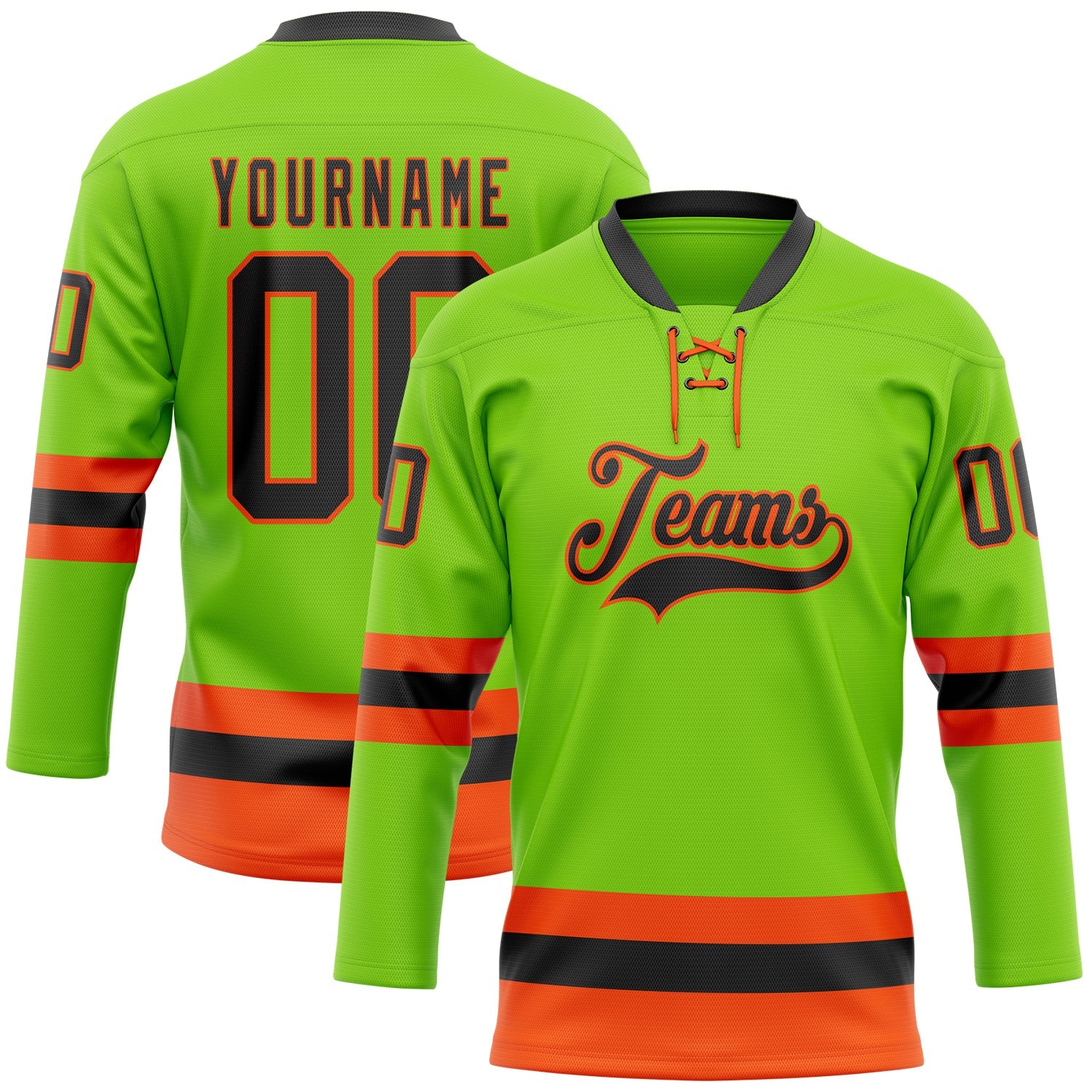 Custom Neon Green Black-Orange Hockey Lace Neck Jersey - Main View