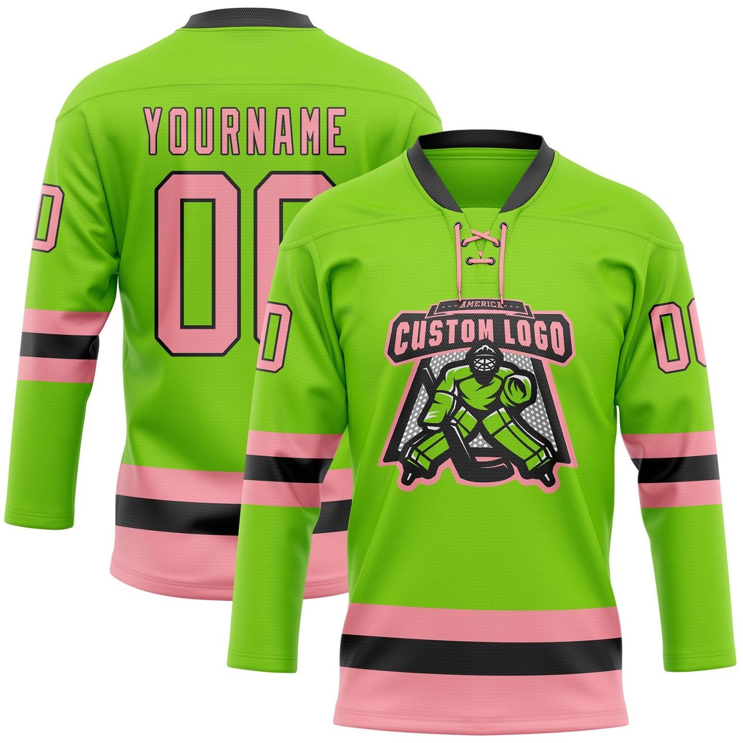 Custom Neon Green Medium Pink-Black Hockey Lace Neck Jersey view 2