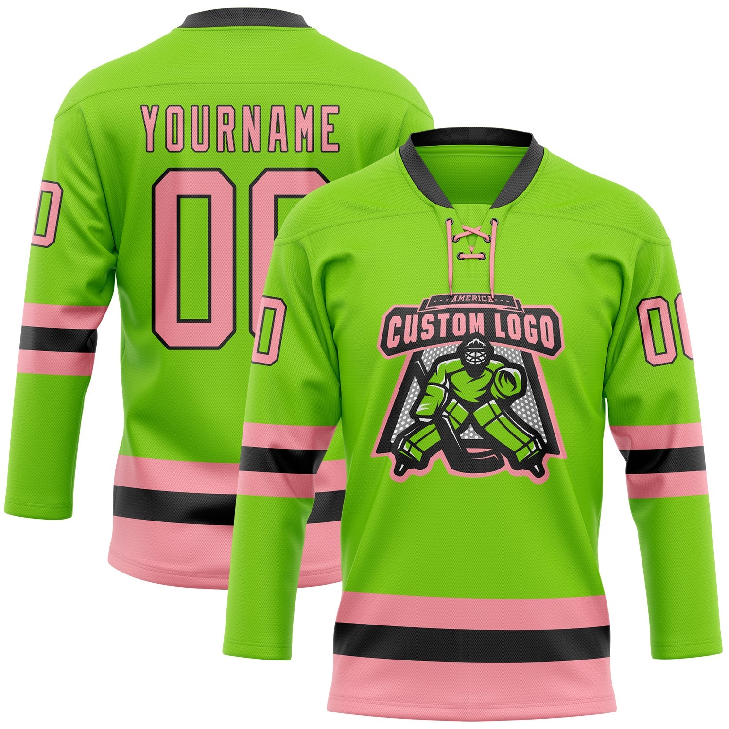 Custom Neon Green Medium Pink-Black Hockey Lace Neck Jersey view 2