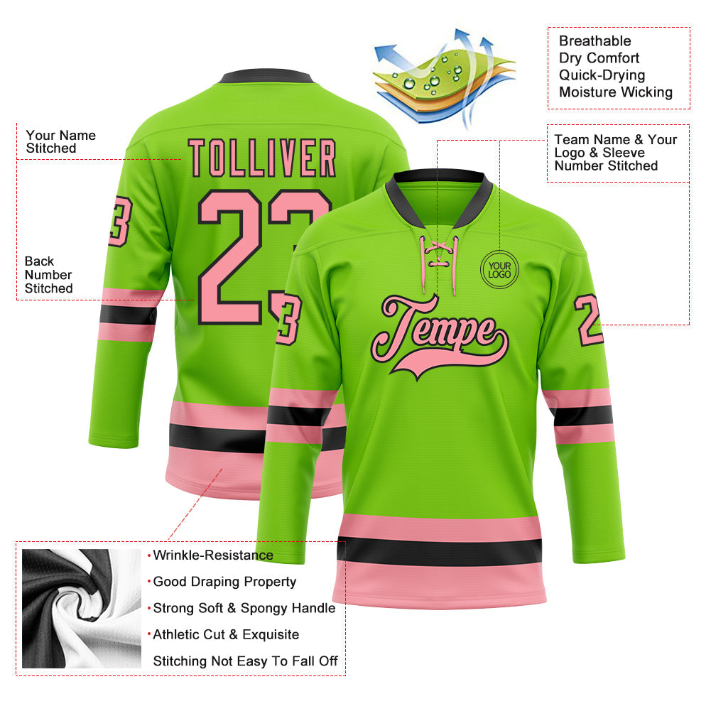 Custom Neon Green Medium Pink-Black Hockey Lace Neck Jersey view 3