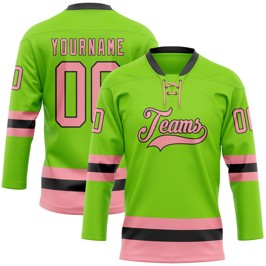 Custom Neon Green Medium Pink-Black Hockey Lace Neck Jersey - Main View